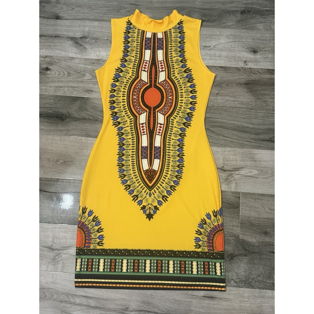 Dashiki Bodycon Dress African Print Sleeveless Yellow Mini Dress Size M